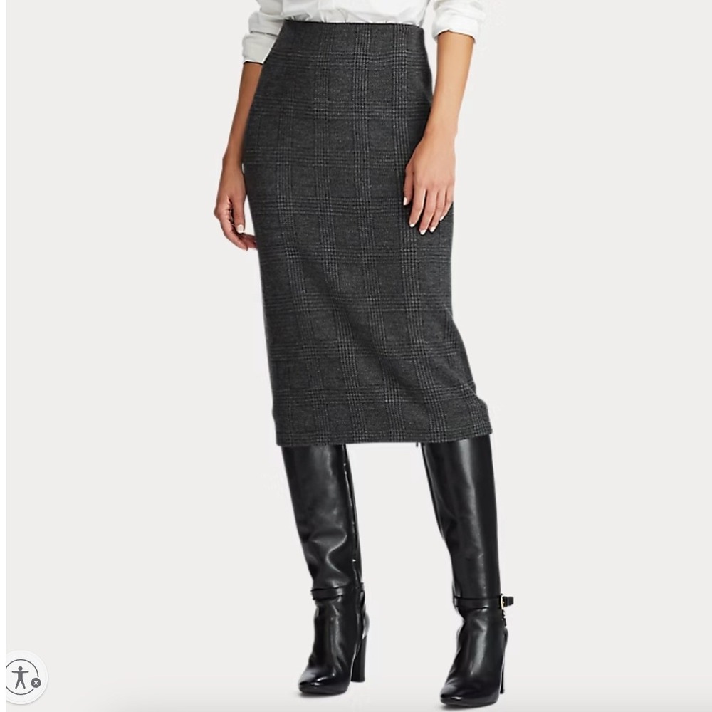 Lauren Ralph Lauren Merino Wool Knit Skirt XL Gray Glen Plaid Dark Academia